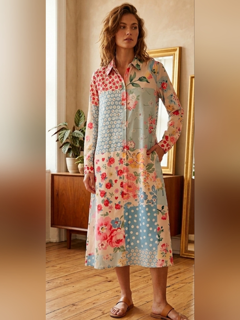 Vibrant Patchwork Floral & Polka Dot Shirt Dress - Size M